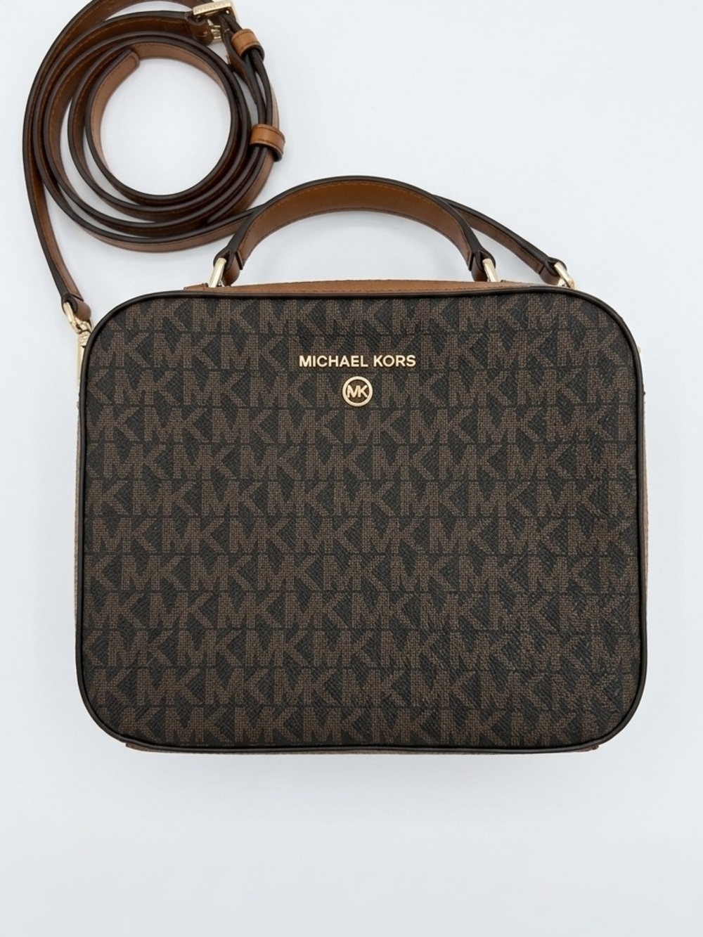 Michael Kors Dark Brown MK Logo Messenger Bag with Gold Hardware